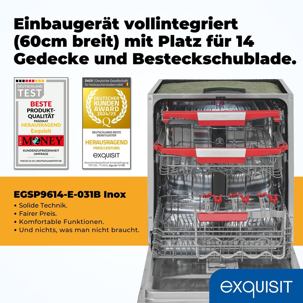 Exquisit Einbaugeschirrspüler, Vollintegrierte Spülmaschine, 14 Maßgedecke, Besteckschublade, Aquastop, Automatischer Türöffner, EGSP9614 - E - 031B inox