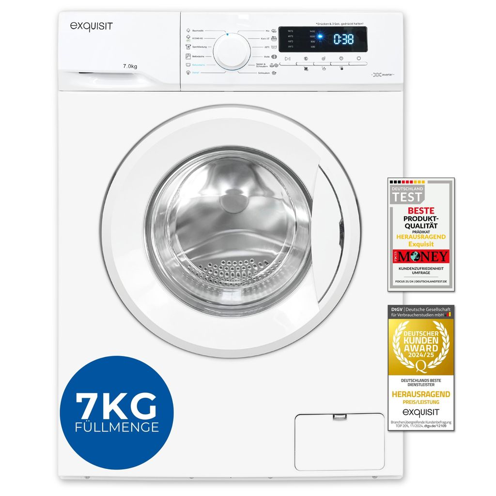 Exquisit Waschmaschine 7kg, Energieeffizienzklasse A, max. 1400 U/Min, Kurz - Mixprogramm, Startzeitvorwahl, 12 Waschprogramme, WA57014 - 020A weiss