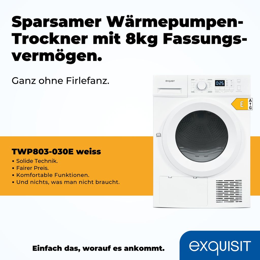 Exquisit Wärmepumpentrockner, 8kg Trockner mit 16 Programmen, Startzeitvorwahl, Knitterschutz, TWP803 - 030E weiss