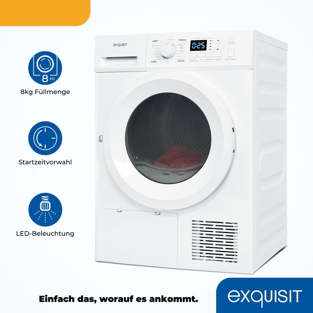 Exquisit Wärmepumpentrockner, 8kg Trockner mit 16 Programmen, Startzeitvorwahl, Knitterschutz, TWP803 - 030E weiss