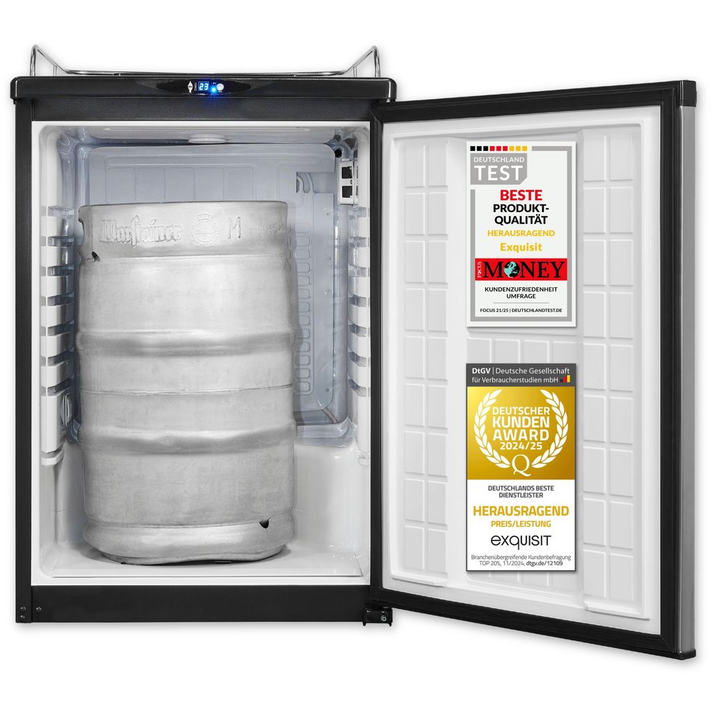 Exquisit Bierkühler, 163 Liter, mit Zapfvorrichtung, Gitterablagen, Türanschlag wechselbar, 89 cm Höhe, 42 dB, Display, BK160 - HE - 300G inox