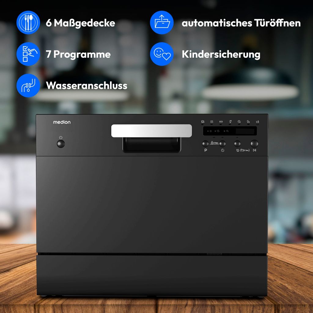 MEDION® MEDION Tischgeschirrspüler DWT 60 (6 Gedecke Fassungsvermögen, 7 Reinigungsprogramme, LED Anzeige, 47 dB, MD37496) schwarz
