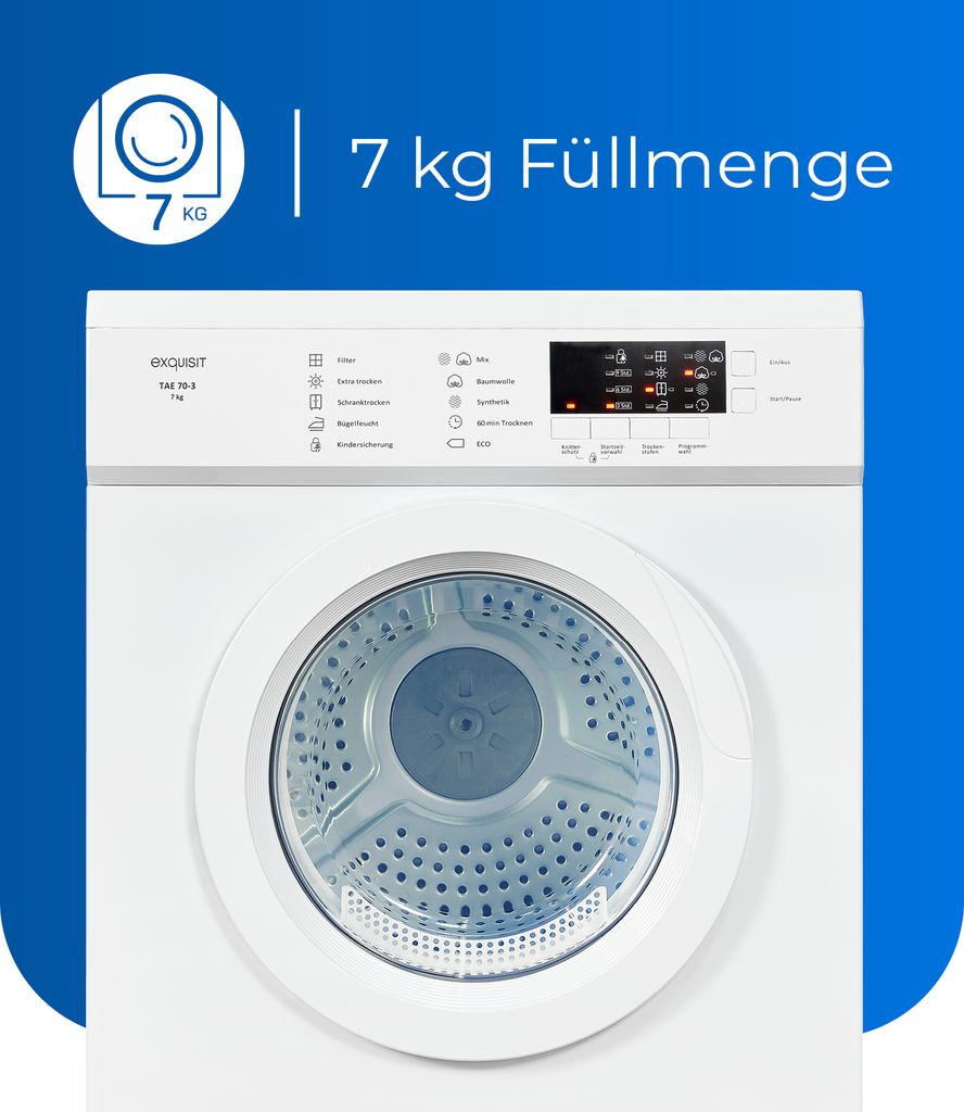 Exquisit Ablufttrockner 7 kg, Energieklasse G, kompakt, 8 Programme, Startzeitvorwahl, Kindersicherung, Flusenfilter, TAE 70 - 3 weiß
