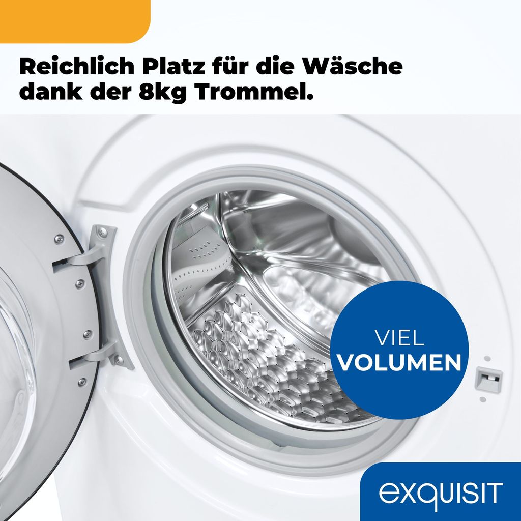 Exquisit Waschmaschine 8kg, Energieeffizienzklasse A, max. 1400 U/Min, Schnellprogramm, Startzeitvorwahl, ECO, 16 Waschprogramme, WA58014 - 340A weiss