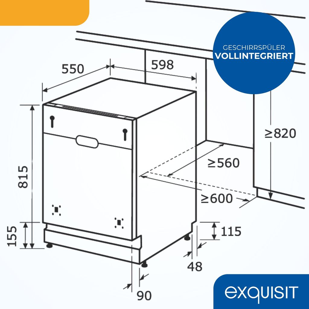 Exquisit Einbaugeschirrspüler, Vollintegrierte Spülmaschine, 14 Maßgedecke, Besteckschublade, Aquastop, Automatischer Türöffner, EGSP9614 - E - 031B inox