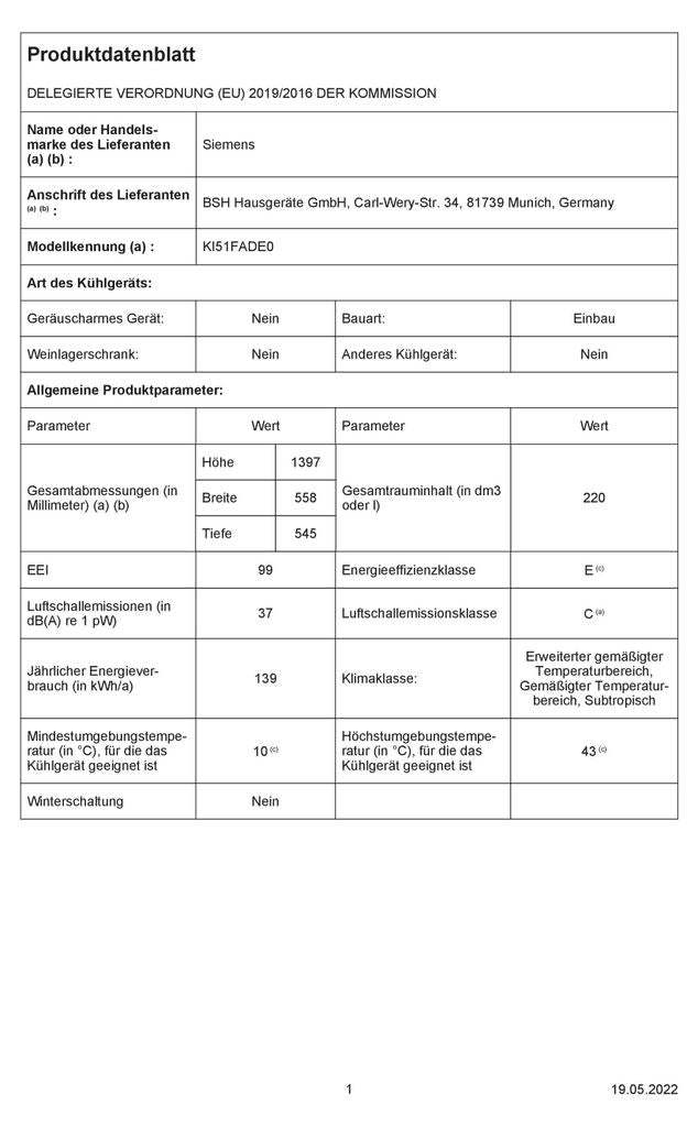 Siemens iQ700 KI51FADE0, 220 l, SN - T, 37 dB, E, Weiß