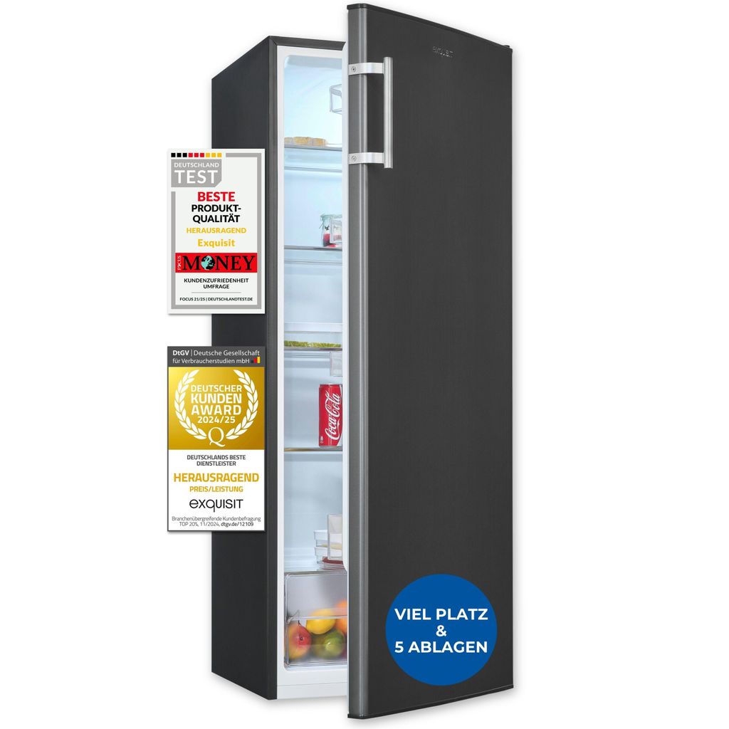 Exquisit Vollraum - Kühlschrank ohne Gefrierfach, 242 Liter, 5 Ablagen, 4 Türablagen, Türanschlag wechselbar, 55 cm Breite, KS320 - V - H - 040E inoxlook - az