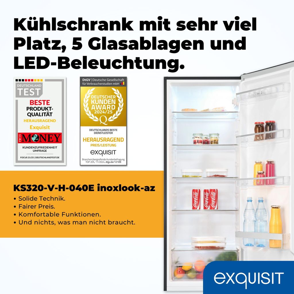 Exquisit Vollraum - Kühlschrank ohne Gefrierfach, 242 Liter, 5 Ablagen, 4 Türablagen, Türanschlag wechselbar, 55 cm Breite, KS320 - V - H - 040E inoxlook - az