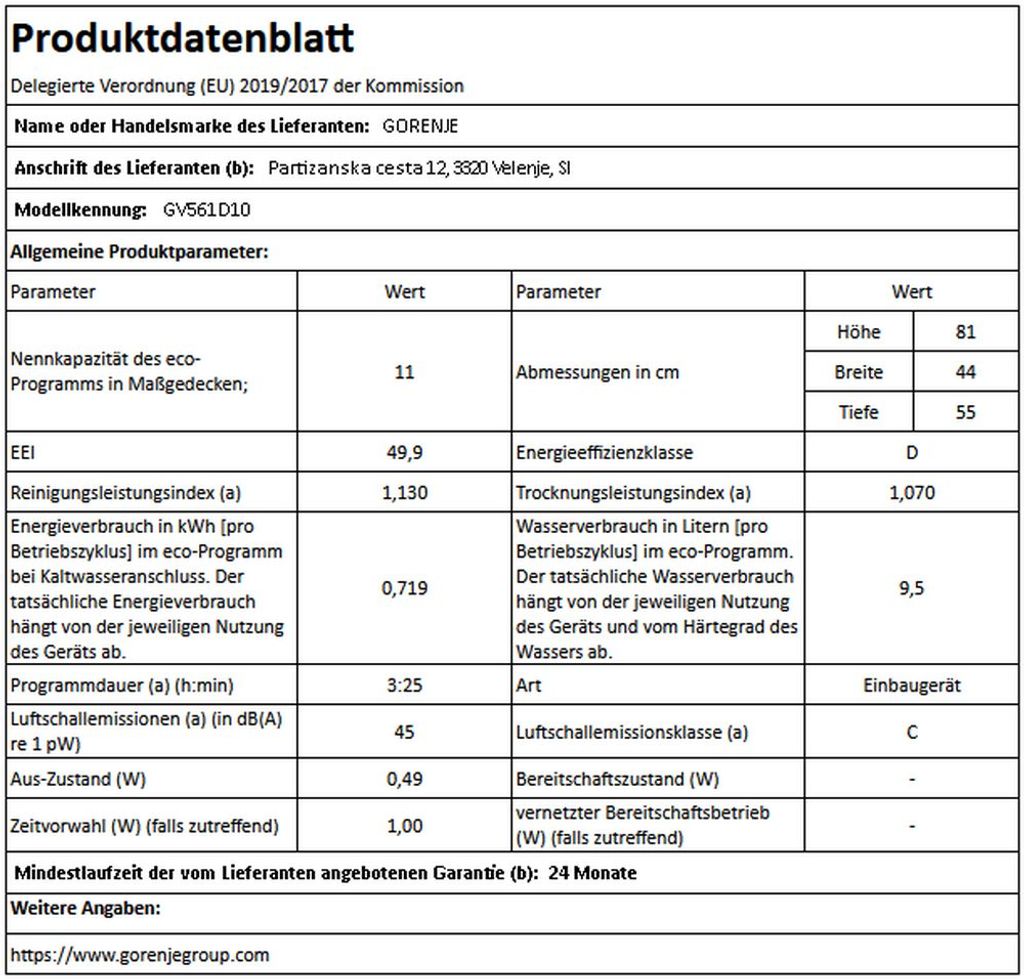 gorenje GV561D10 Geschirrspüler Vollintegrierbar 45 cm, 11 Maßgedecke, Single, Weiß,