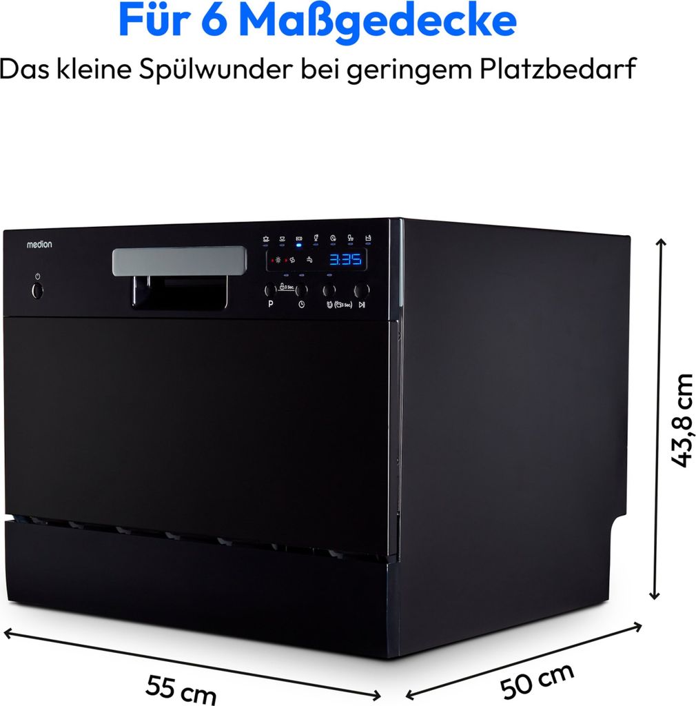 MEDION® MEDION Tischgeschirrspüler DWT 60 (6 Gedecke Fassungsvermögen, 7 Reinigungsprogramme, LED Anzeige, 47 dB, MD37496) schwarz