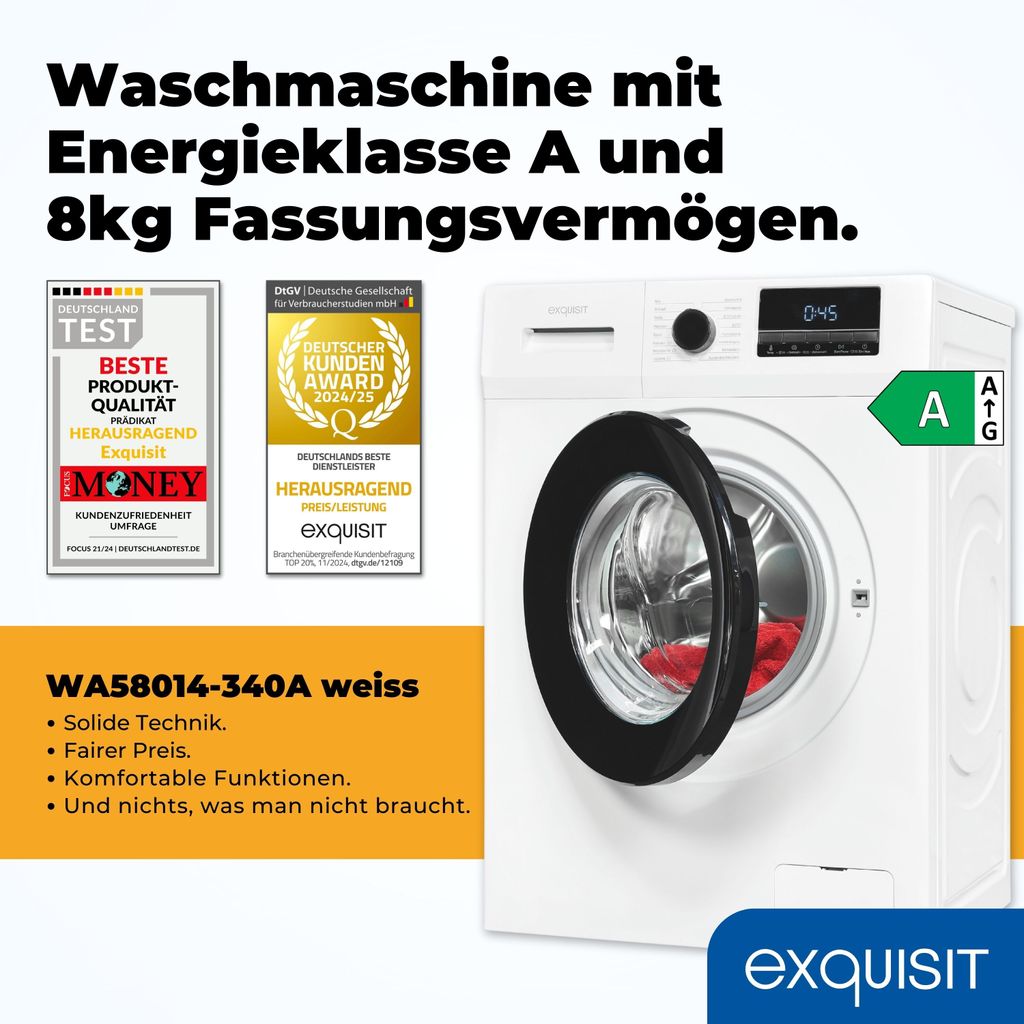 Exquisit Waschmaschine 8kg, Energieeffizienzklasse A, max. 1400 U/Min, Schnellprogramm, Startzeitvorwahl, ECO, 16 Waschprogramme, WA58014 - 340A weiss
