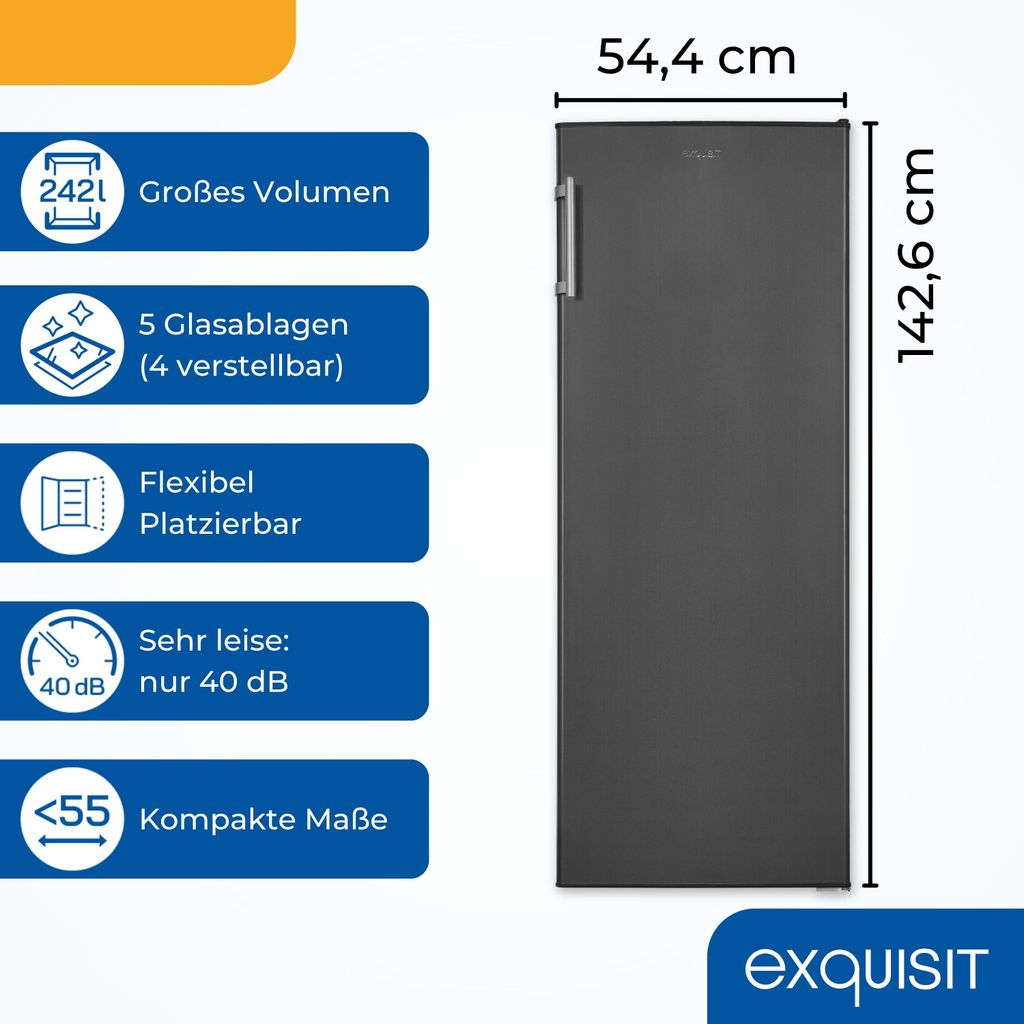 Exquisit Vollraum - Kühlschrank ohne Gefrierfach, 242 Liter, 5 Ablagen, 4 Türablagen, Türanschlag wechselbar, 55 cm Breite, KS320 - V - H - 040E inoxlook - az