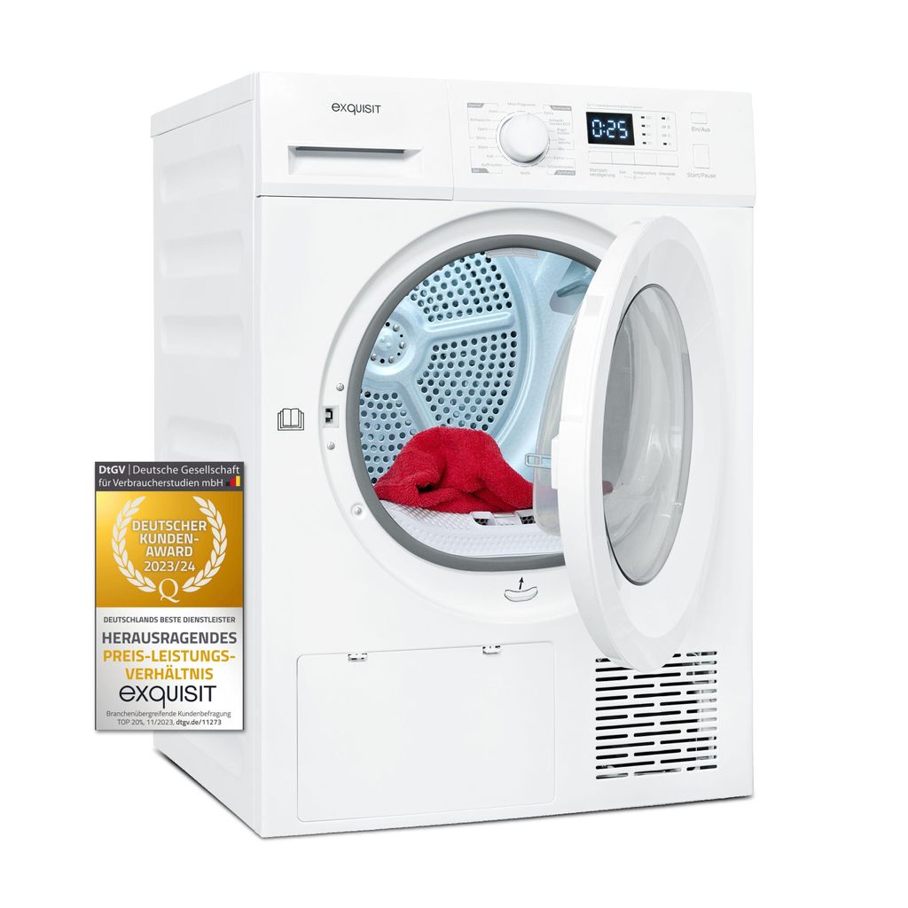 Exquisit Wärmepumpentrockner, 8kg Trockner mit 16 Programmen, Startzeitvorwahl, Knitterschutz, TWP803 - 030E weiss