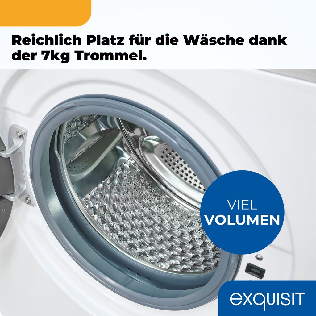 Exquisit Waschmaschine 7kg, Energieeffizienzklasse A, max. 1400 U/Min, Kurz - Mixprogramm, Startzeitvorwahl, 12 Waschprogramme, WA57014 - 020A weiss
