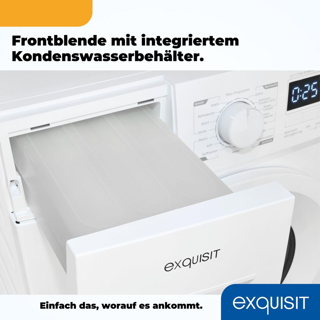 Exquisit Wärmepumpentrockner, 8kg Trockner mit 16 Programmen, Startzeitvorwahl, Knitterschutz, TWP803 - 030E weiss
