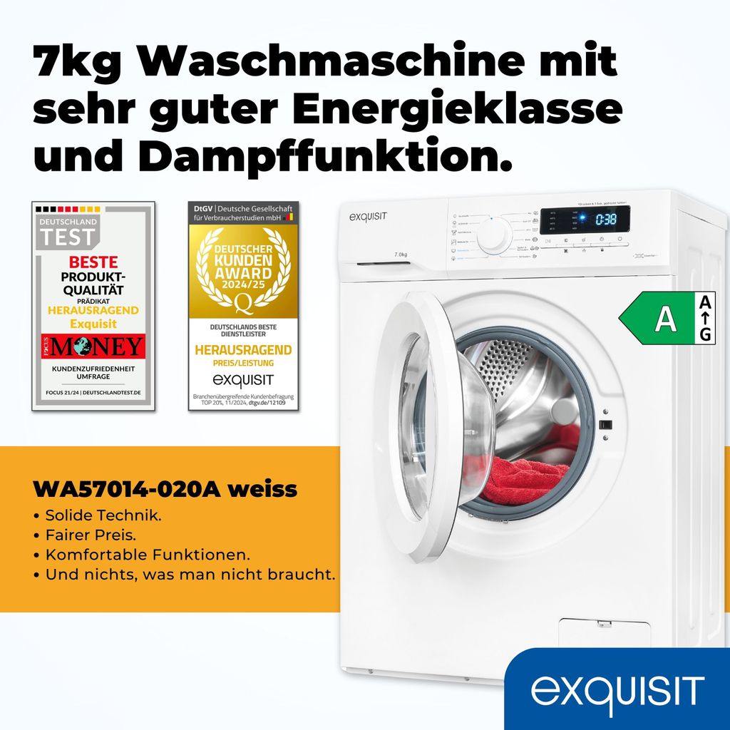 Exquisit Waschmaschine 7kg, Energieeffizienzklasse A, max. 1400 U/Min, Kurz - Mixprogramm, Startzeitvorwahl, 12 Waschprogramme, WA57014 - 020A weiss