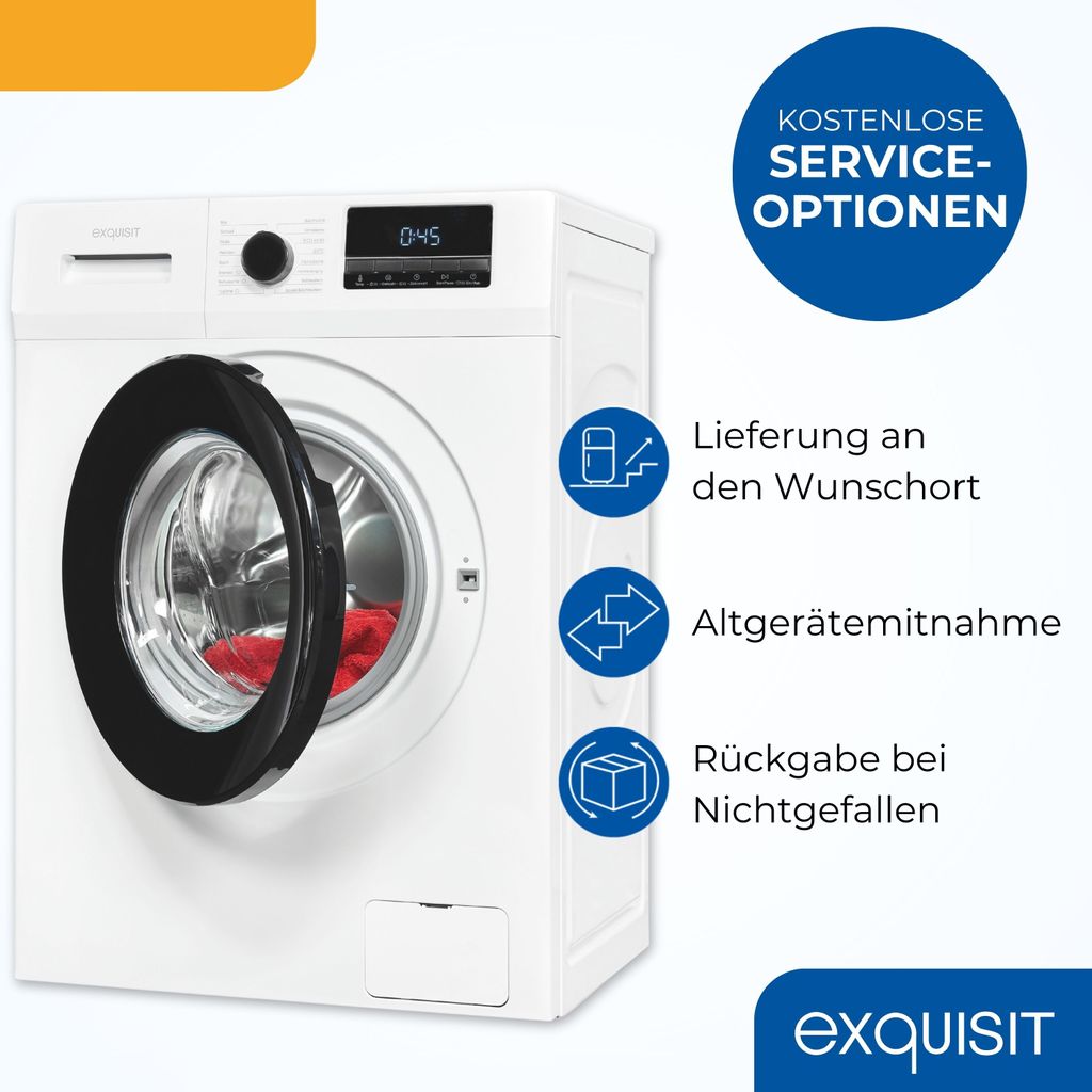 Exquisit Waschmaschine 8kg, Energieeffizienzklasse A, max. 1400 U/Min, Schnellprogramm, Startzeitvorwahl, ECO, 16 Waschprogramme, WA58014 - 340A weiss