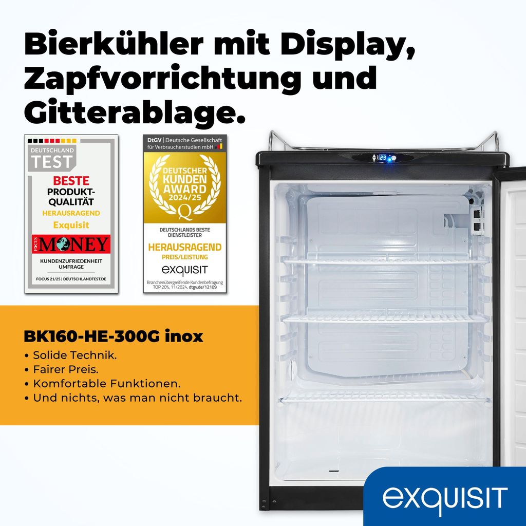 Exquisit Bierkühler, 163 Liter, mit Zapfvorrichtung, Gitterablagen, Türanschlag wechselbar, 89 cm Höhe, 42 dB, Display, BK160 - HE - 300G inox