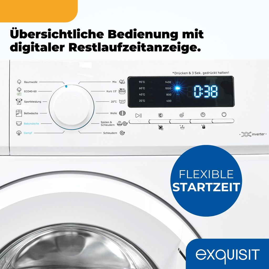 Exquisit Waschmaschine 7kg, Energieeffizienzklasse A, max. 1400 U/Min, Kurz - Mixprogramm, Startzeitvorwahl, 12 Waschprogramme, WA57014 - 020A weiss