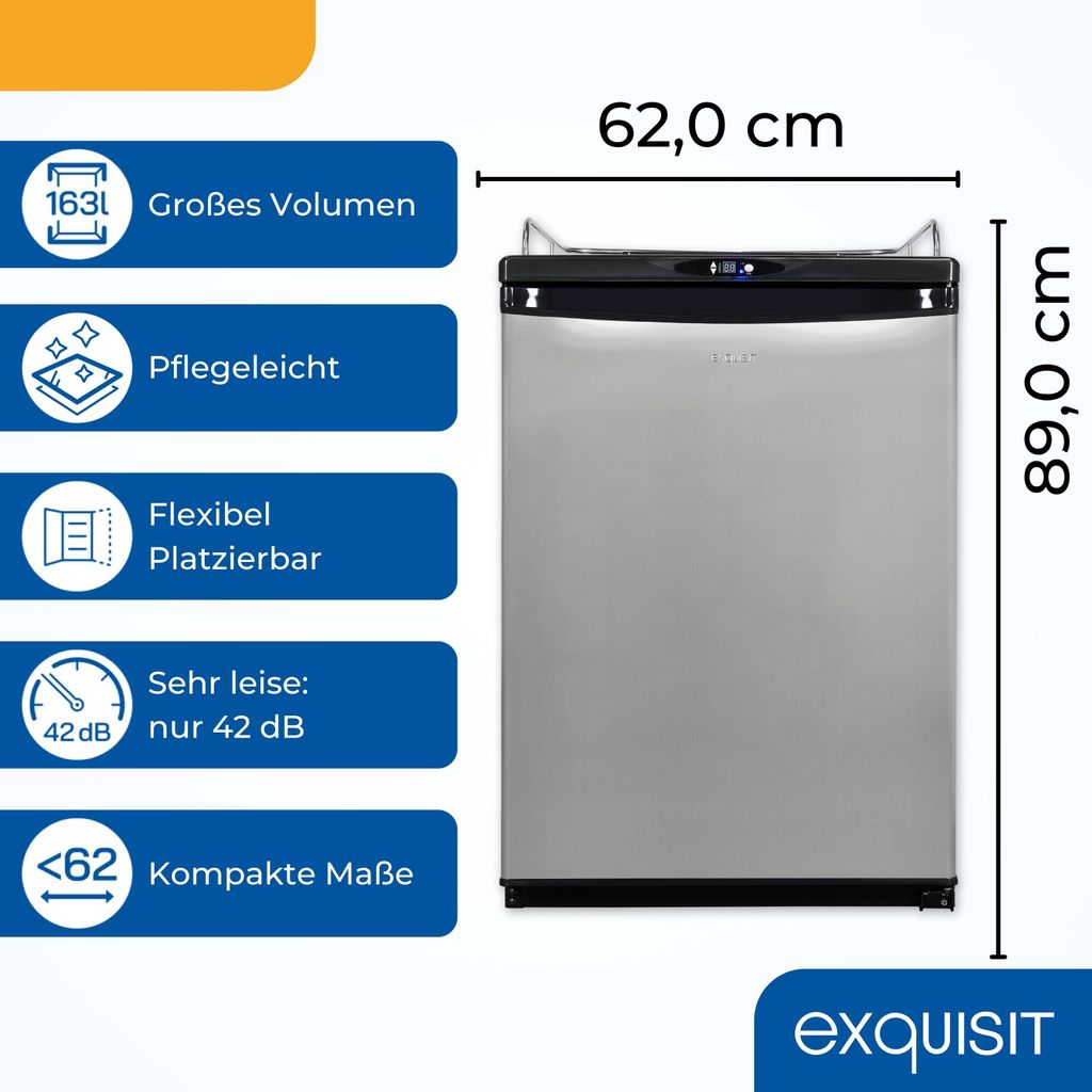 Exquisit Bierkühler, 163 Liter, mit Zapfvorrichtung, Gitterablagen, Türanschlag wechselbar, 89 cm Höhe, 42 dB, Display, BK160 - HE - 300G inox