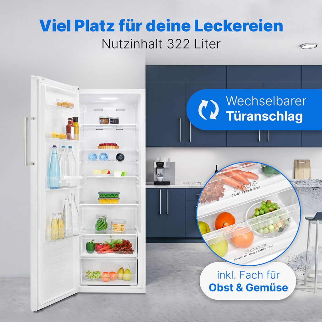 Bomann Kühlschrank ohne Gefrierfach 322l / 172cm / mit Schnellkühlfunktion und MultiAirflow - System, Getränkekühlschrank 5 Ablagen, VS 7345