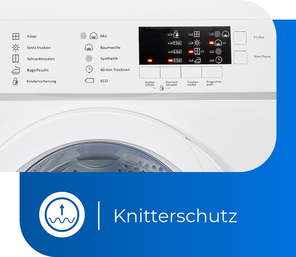 Exquisit Ablufttrockner 7 kg, Energieklasse G, kompakt, 8 Programme, Startzeitvorwahl, Kindersicherung, Flusenfilter, TAE 70 - 3 weiß