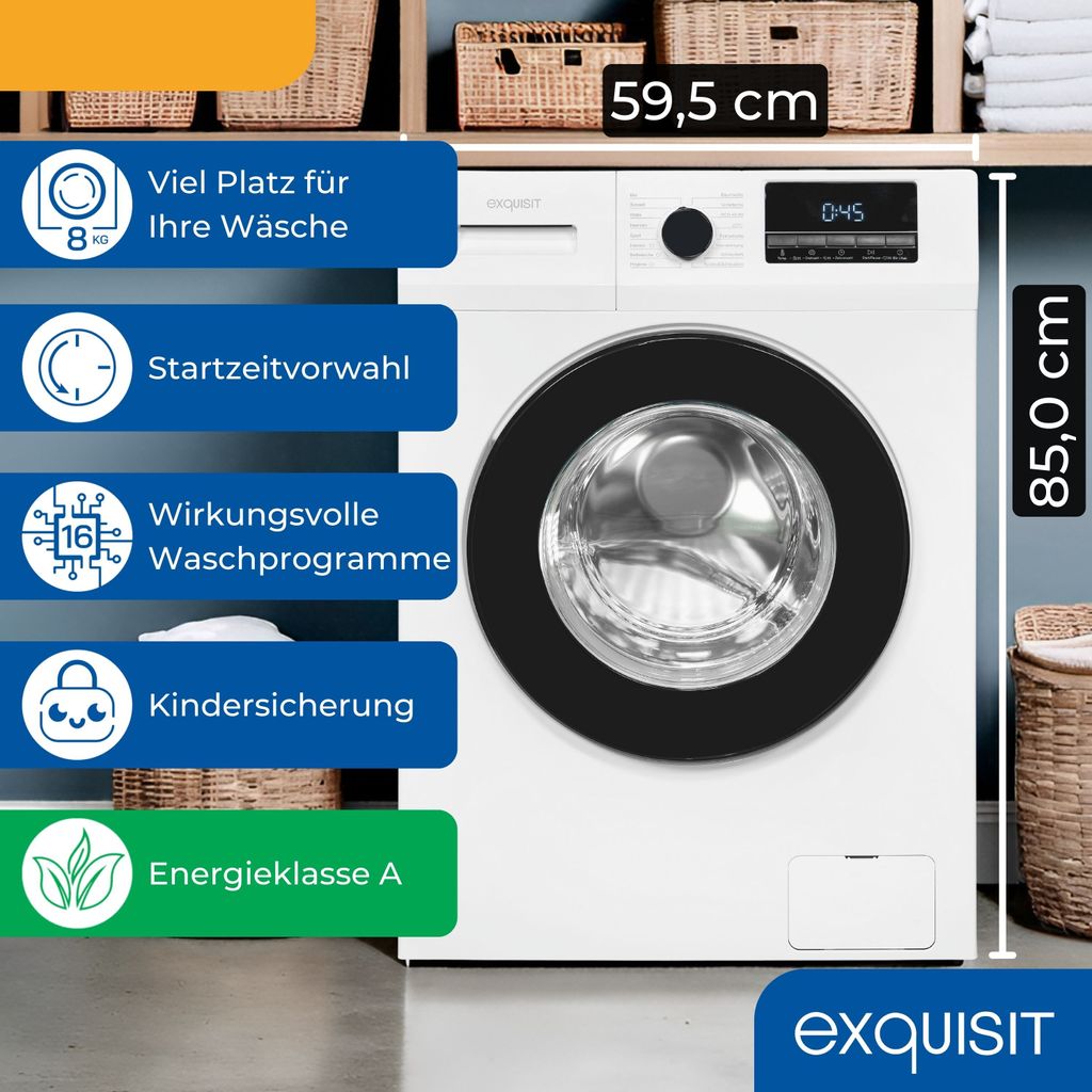 Exquisit Waschmaschine 8kg, Energieeffizienzklasse A, max. 1400 U/Min, Schnellprogramm, Startzeitvorwahl, ECO, 16 Waschprogramme, WA58014 - 340A weiss
