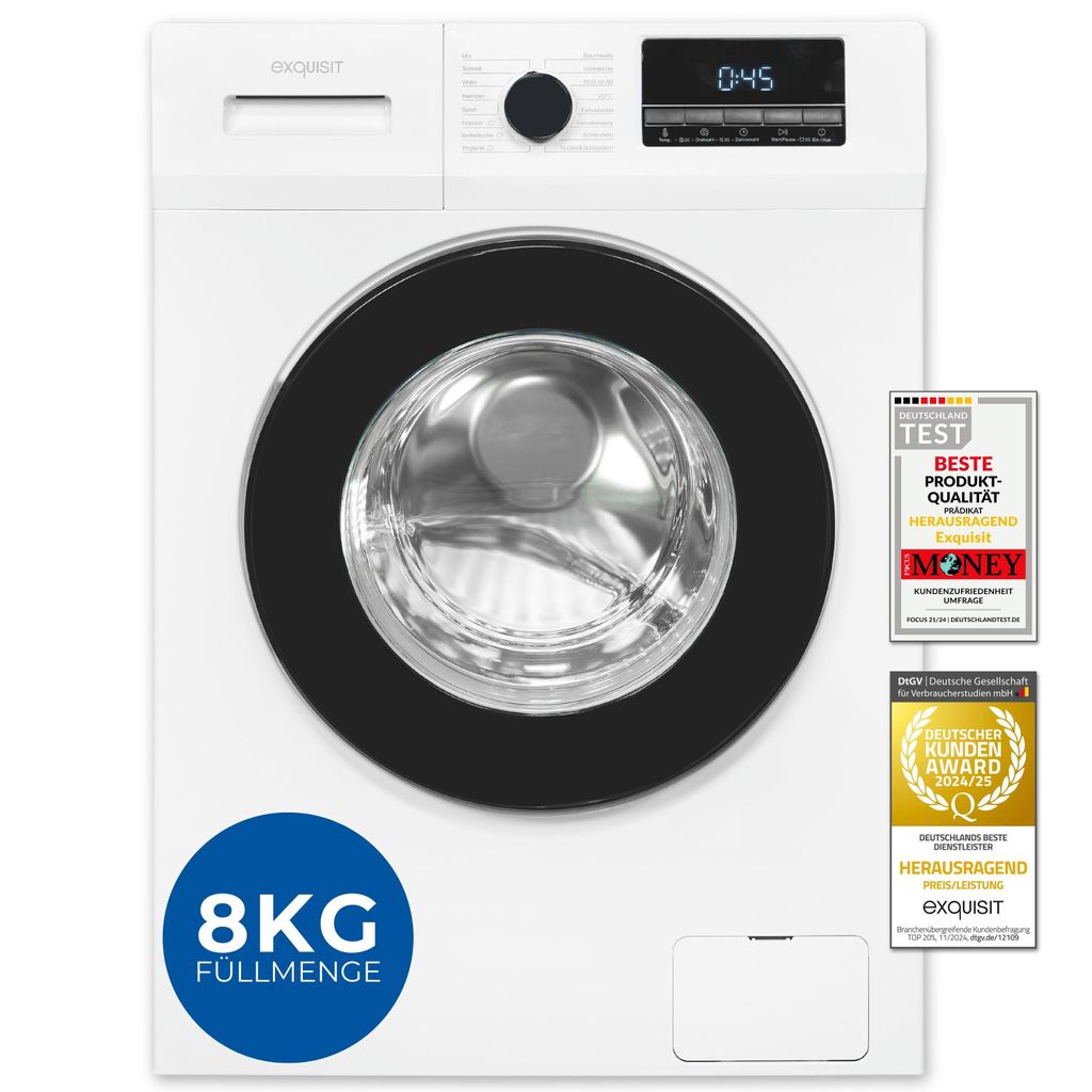 Exquisit Waschmaschine 8kg, Energieeffizienzklasse A, max. 1400 U/Min, Schnellprogramm, Startzeitvorwahl, ECO, 16 Waschprogramme, WA58014 - 340A weiss