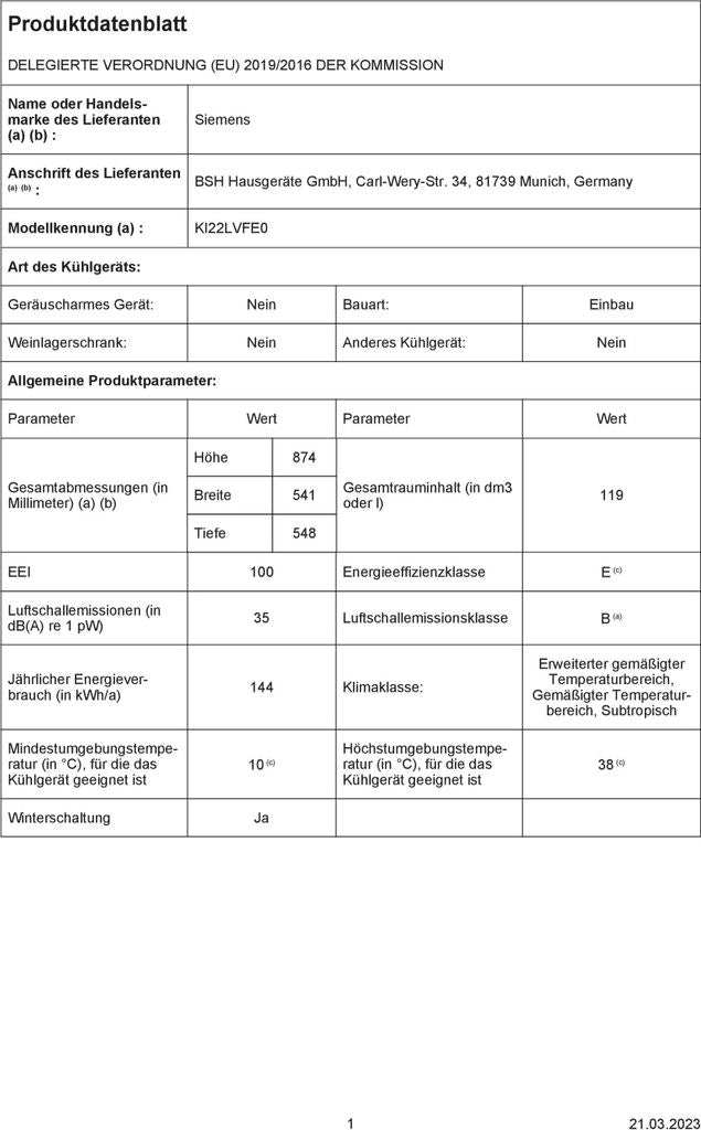 Siemens iQ300 KI22LVFE0, 119 l, Integriert, E, 35 dB, SN - ST, NoFrost - Funktion (Kühleinheit)