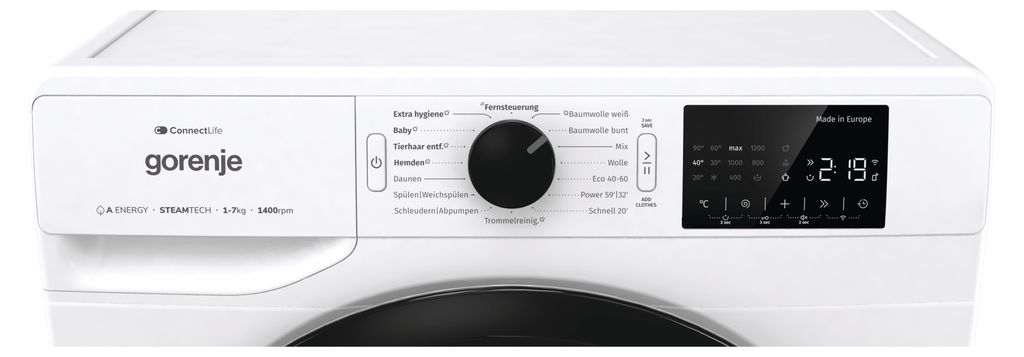 gorenje WPNEI74A1TS Waschmaschine, 7 kg Fassungsvermögen, 1400U/Min, ConnectLife, 15 Programme, weiß