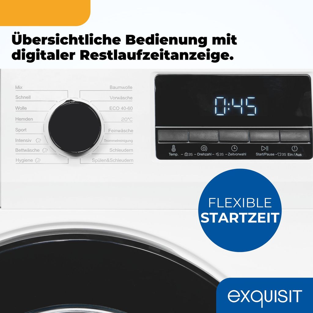 Exquisit Waschmaschine 8kg, Energieeffizienzklasse A, max. 1400 U/Min, Schnellprogramm, Startzeitvorwahl, ECO, 16 Waschprogramme, WA58014 - 340A weiss