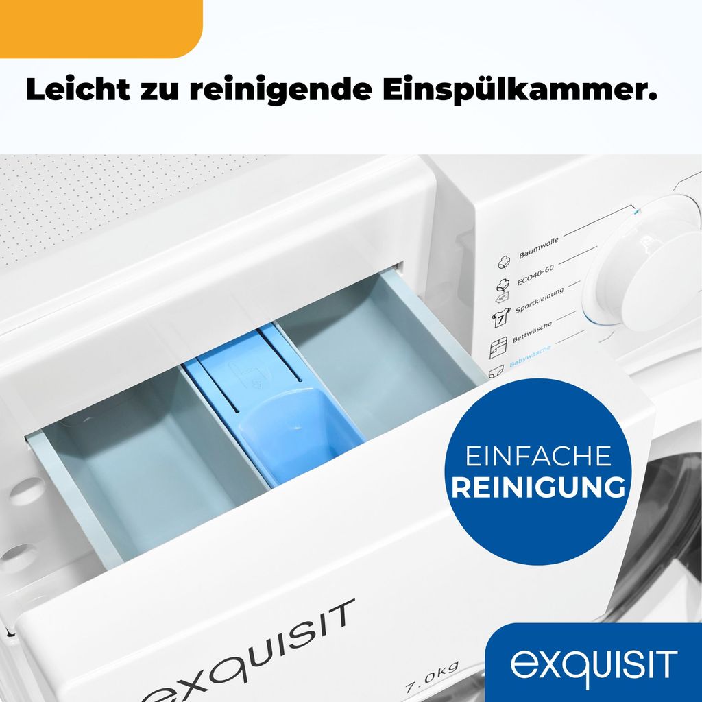 Exquisit Waschmaschine 7kg, Energieeffizienzklasse A, max. 1400 U/Min, Kurz - Mixprogramm, Startzeitvorwahl, 12 Waschprogramme, WA57014 - 020A weiss