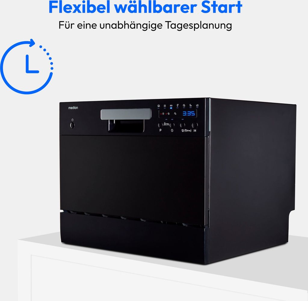 MEDION® MEDION Tischgeschirrspüler DWT 60 (6 Gedecke Fassungsvermögen, 7 Reinigungsprogramme, LED Anzeige, 47 dB, MD37496) schwarz