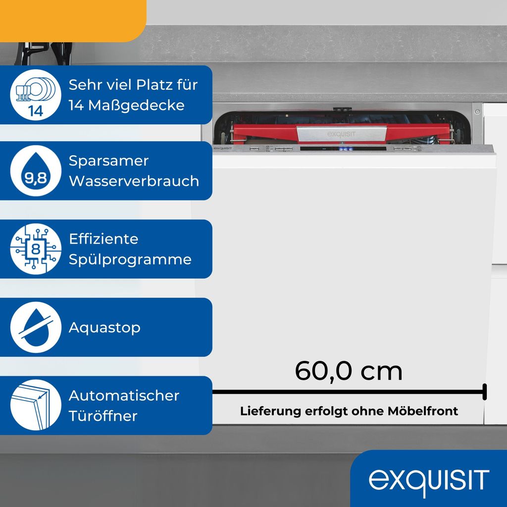 Exquisit Einbaugeschirrspüler, Vollintegrierte Spülmaschine, 14 Maßgedecke, Besteckschublade, Aquastop, Automatischer Türöffner, EGSP9614 - E - 031B inox