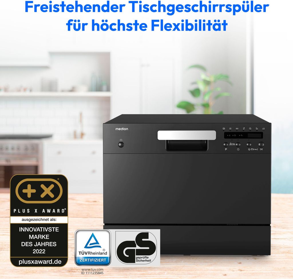 MEDION® MEDION Tischgeschirrspüler DWT 60 (6 Gedecke Fassungsvermögen, 7 Reinigungsprogramme, LED Anzeige, 47 dB, MD37496) schwarz