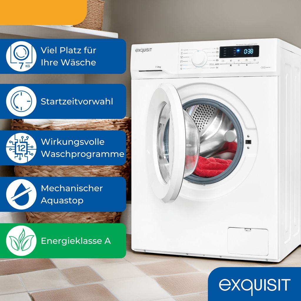 Exquisit Waschmaschine 7kg, Energieeffizienzklasse A, max. 1400 U/Min, Kurz - Mixprogramm, Startzeitvorwahl, 12 Waschprogramme, WA57014 - 020A weiss