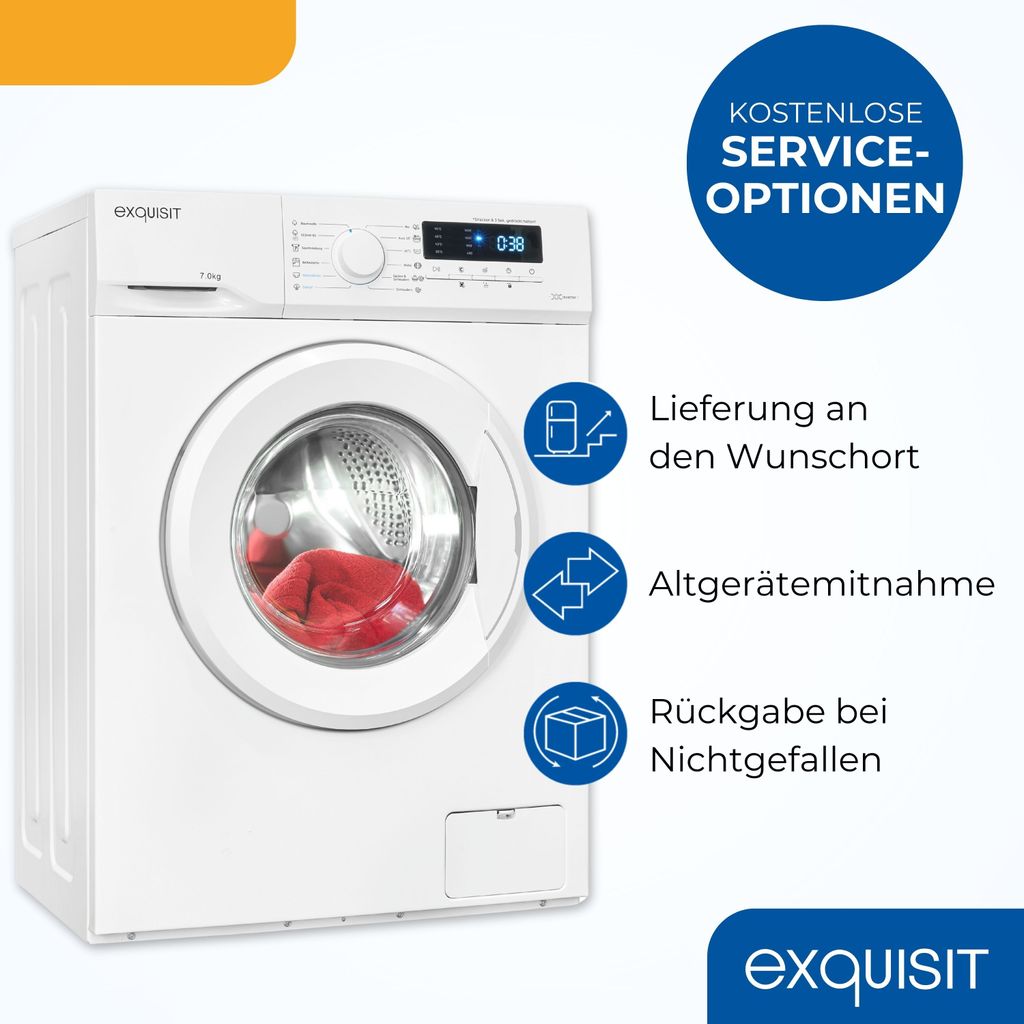 Exquisit Waschmaschine 7kg, Energieeffizienzklasse A, max. 1400 U/Min, Kurz - Mixprogramm, Startzeitvorwahl, 12 Waschprogramme, WA57014 - 020A weiss